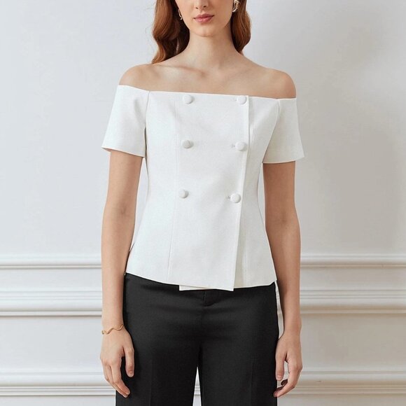 White Preppy Womens Off Shoulder Blouse - Picture 2 of 4